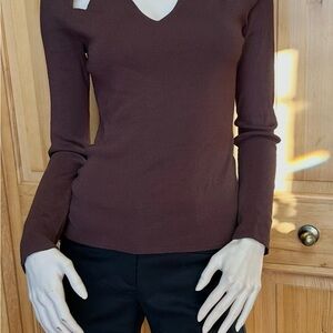 Cache Brown Ribbed Cutout Turtleneck Sweater Top M #10